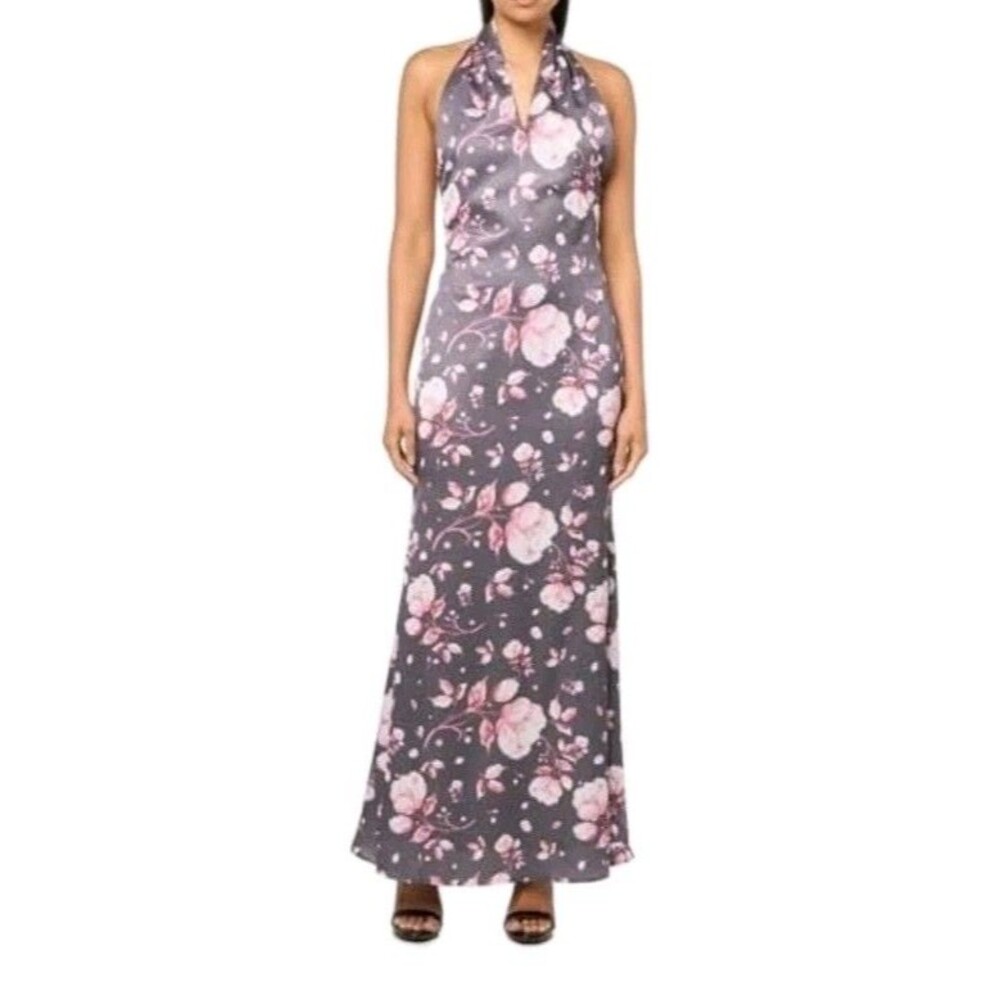 Petal And Pup Mila Halterneck Maxi Dress In Gray Floral Size L